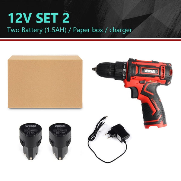 WOSAI 12V 16V 20V Cordless Drill Electric Screwdriver Mini Wireless Power Driver DC Lithium-Ion Battery 3/8-Inch