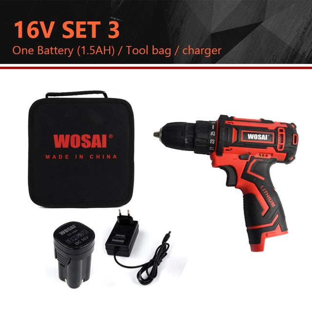 WOSAI 12V 16V 20V Cordless Drill Electric Screwdriver Mini Wireless Power Driver DC Lithium-Ion Battery 3/8-Inch