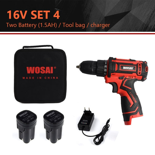 WOSAI 12V 16V 20V Cordless Drill Electric Screwdriver Mini Wireless Power Driver DC Lithium-Ion Battery 3/8-Inch