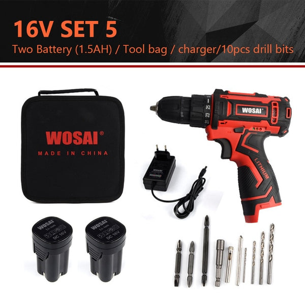 WOSAI 12V 16V 20V Cordless Drill Electric Screwdriver Mini Wireless Power Driver DC Lithium-Ion Battery 3/8-Inch