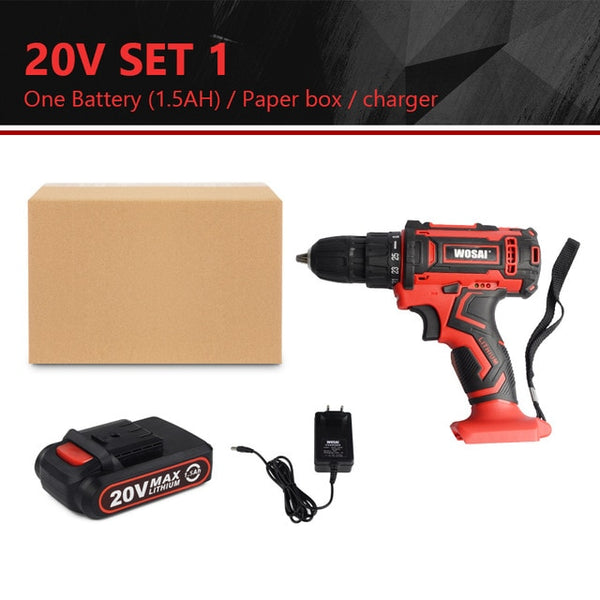 WOSAI 12V 16V 20V Cordless Drill Electric Screwdriver Mini Wireless Power Driver DC Lithium-Ion Battery 3/8-Inch