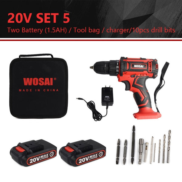 WOSAI 12V 16V 20V Cordless Drill Electric Screwdriver Mini Wireless Power Driver DC Lithium-Ion Battery 3/8-Inch