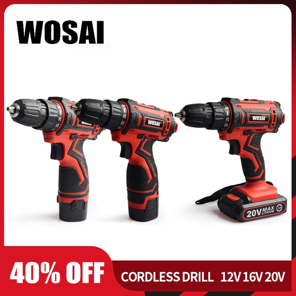 WOSAI 12V 16V 20V Cordless Drill Electric Screwdriver Mini Wireless Power Driver DC Lithium-Ion Battery 3/8-Inch